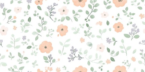 A floral pattern featuring various pastel flowers and leaves on a light background.
