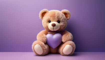 Obraz premium Adorable Plush Teddy Bear Holding a Lavender Heart Cushion Against a Soft Purple Background, Symbolizing Love and Affection with Gentle Bokeh Hearts Floating in the Background. Valentine's Day Couple