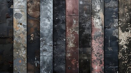 Fototapeta premium Grunge texture overlays designed to add a distressed, worn look to any project. The overlays are displayed on a dark background, showing their potential for creating edgy, rough visuals, 