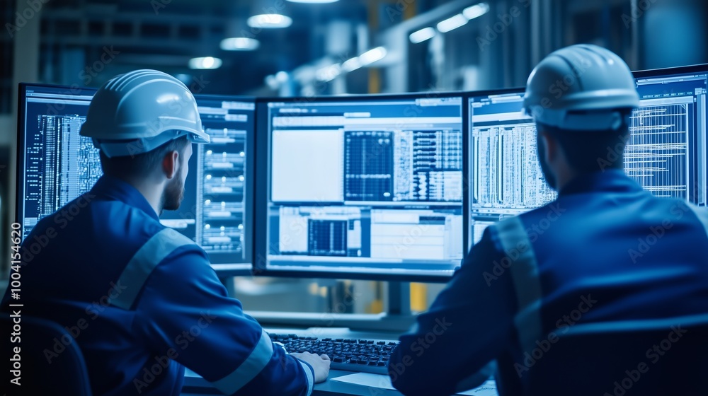 Poster engineers monitor data on multiple screens in a control room at night, ensuring smooth operations an
