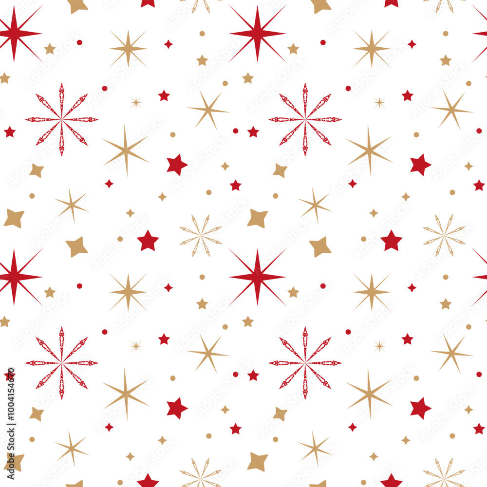 Poster various star shapes and snowflake seamless pattern. gold and red star shapes and snowflake scattered