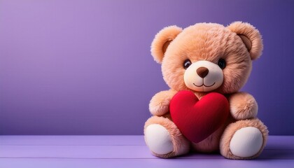 Obraz premium Adorable Fluffy Teddy Bear Holding a Red Heart, Set Against a Soft Purple Background, Representing Love, Affection, and Warmth. Perfect for Valentine's Day, Friendship, or Gift Themed Concepts