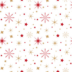 Various Star Shapes and Snowflake Seamless Pattern. Gold and red star shapes and Snowflake scattered across a white background. Christmas wrapping paper concept. EPS10