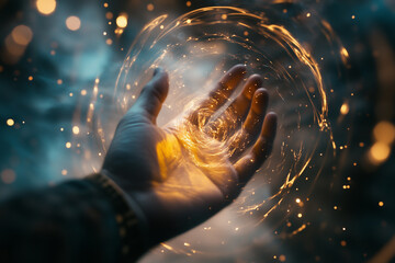 A close-up of a human hand reaching toward a glowing portal with swirling lights and mist, capturing a moment before entering another dimension.
