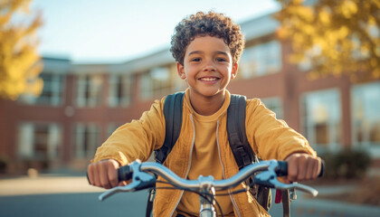 Obraz premium Happy student riding bicycle at school after class