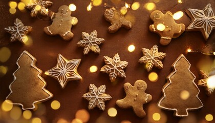 Christmas Background: A warm brown background with golden gingerbread cookie accents and soft twinkling fairy lights.