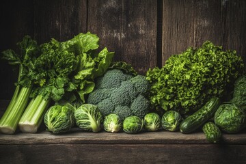 Fresh green vegetables displayed on a rustic wooden table. The vibrant colors and textures create a natural feel. Perfect for healthy eating concepts. Generative AI