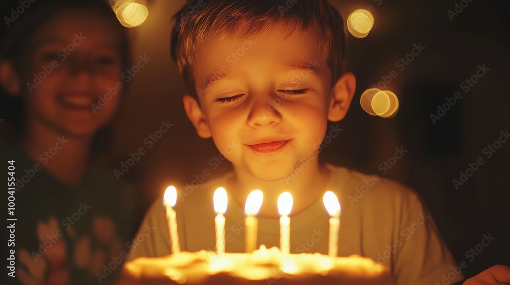 Poster A young boy blows out candles on his birthday cake.