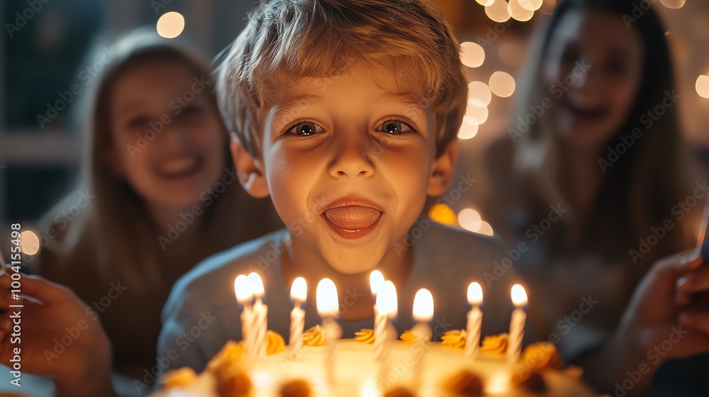 Poster A young boy blows out candles on his birthday cake.