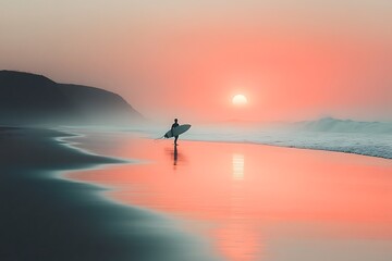 Obraz premium A lone surfer walks on a beach at sunset with pink and orange reflections