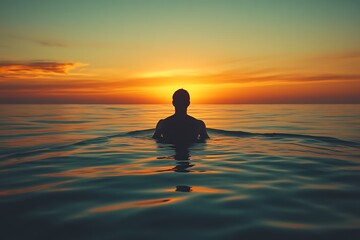 Fototapeta premium A person swims in the sea at sunset, embracing the tranquility of nature.