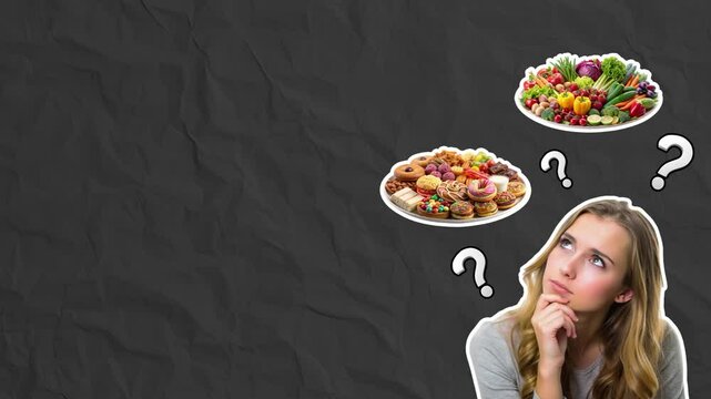The girl thinks what to choose, healthy food or unhealthy food from sweets and fast food. Concept of healthy eating. Empty space for text. Stop motion animation on black paper background