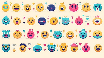 Naklejka premium An emoji design set featuring expressive faces and symbols, perfect for use in messaging apps and digital communication. The emojis are displayed in a grid format, each with a clear and playful 
