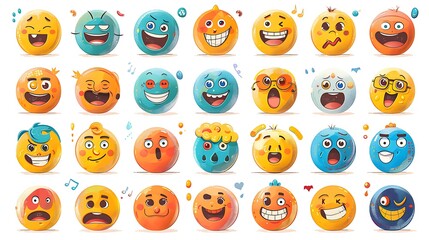 An emoji design set featuring expressive faces and symbols, perfect for use in messaging apps and digital communication. The emojis are displayed in a grid format, each with a clear and playful 