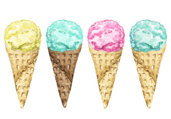 Set with four varied ice cream in waffle cone isolated on white background. Watercolor hand drawn illustration