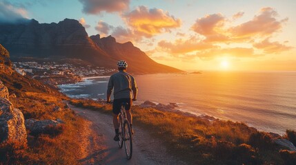 Fototapeta premium A man is riding a bicycle on a path near the ocean