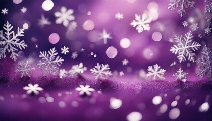 Christmas Background: A rich plum-colored background with sparkling silver snowflakes and light bokeh effects.