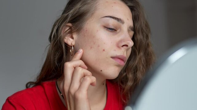 The concept of beauty and naturalness. A young woman examines her rashes on her face, touches her skin with her hands while looking in the mirror. Facial care. Acne.