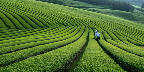 Condition of the matcha green tea farm. off focus bokeh background.
