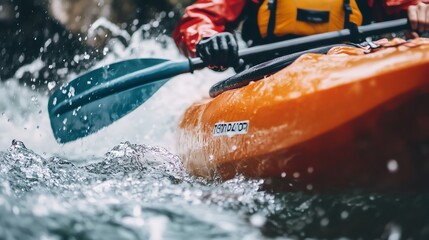 A person paddles a kayak through a rapid river.