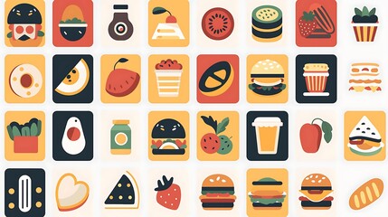 A set of vector food icons featuring colorful and stylized culinary illustrations, perfect for use in menus, websites, and apps. The icons are displayed in a grid format, with each food item 