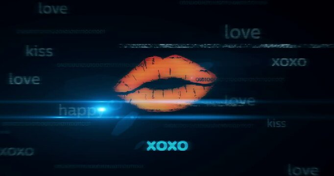 Xoxo love and kiss symbol technology loop concept. Abstract sign on glitch screens seamless and looped.