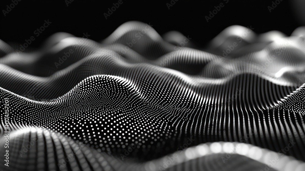 Poster abstract representation of waves created from a pattern of dots, emphasizing depth and texture.