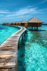 Fototapeta premium A luxury overwater vacation resort with a wooden walkway leading to thatched-roof huts on the turquoise ocean water, with a Maldives island background.