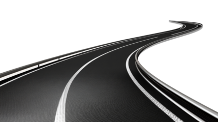Realistic 3D curved road with sharp turns and perspective depth, isolated on a white background,transparent background. PNG format