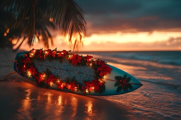 Christmas surfboard on the beach at sunset