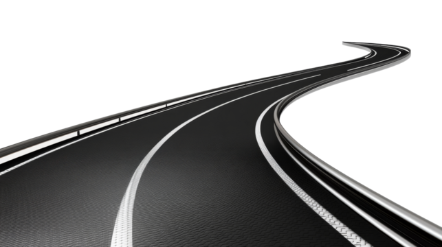 Realistic 3D curved road with sharp turns and perspective depth, isolated on a white background,transparent background. PNG format