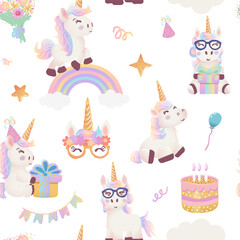 Birthday seamless pattern with unicorn, rainbow and gifts