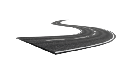 Realistic 3D curved road with sharp turns and perspective depth, isolated on a white background,transparent background. PNG format