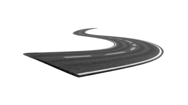Realistic 3D curved road with sharp turns and perspective depth, isolated on a white background,transparent background. PNG format