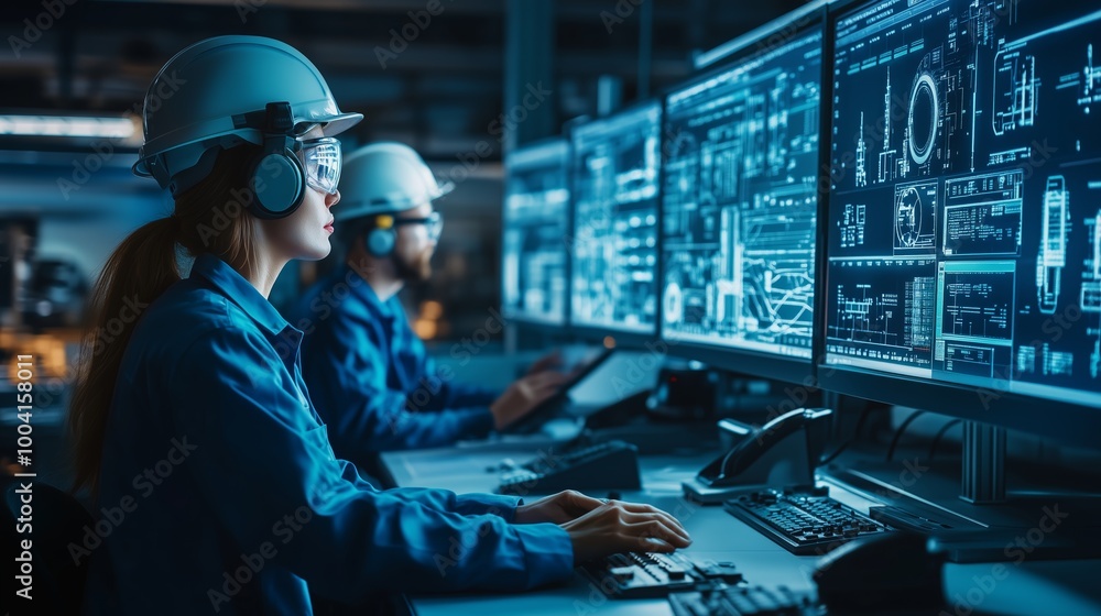 Poster engineers analyzing data on multiple monitors in a modern control room during a night shift