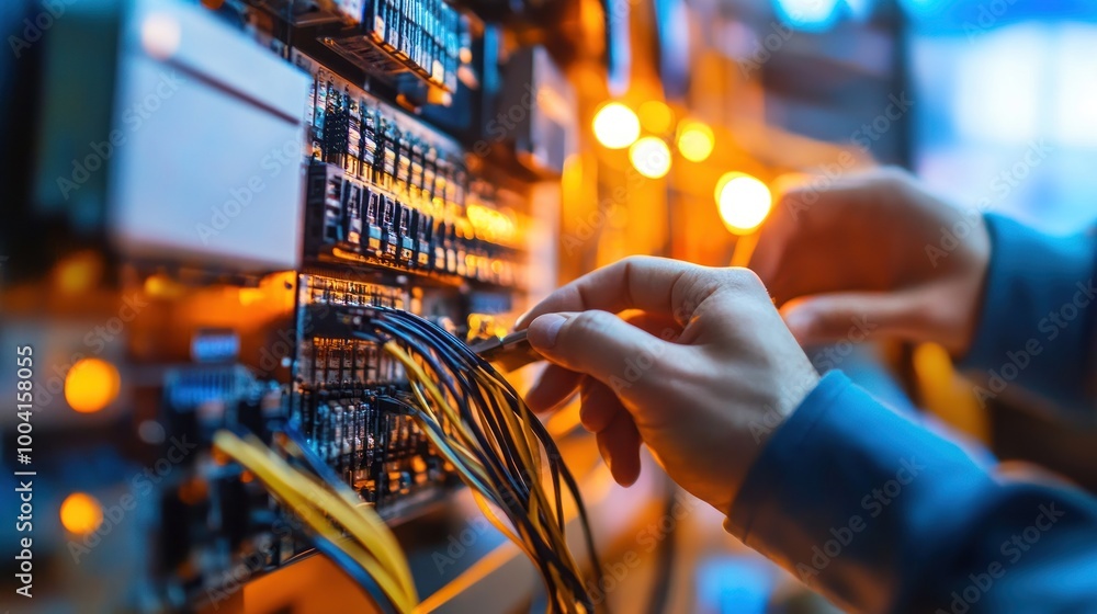 Aufkleber a technician working on a circuit board with wires and glowing lights in a tech environment.