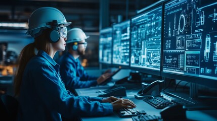Engineers analyzing data on multiple monitors in a modern control room during a night shift