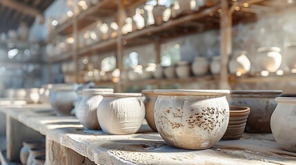 A photorealistic mockup of clay pottery, featuring detailed textures and natural colors. The pottery is displayed in a studio setting, showcasing its handcrafted quality and artistic appeal, 