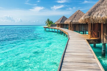 A luxury overwater vacation resort with a wooden walkway leading to thatched-roof huts on the turquoise ocean water, with a Maldives island background.