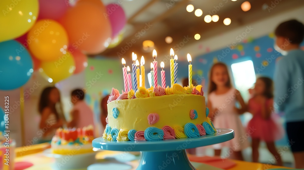 Wall mural A birthday cake with lit candles and a blurred out party in the background.