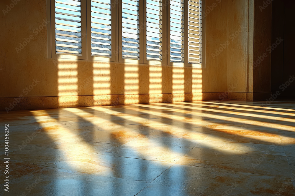Aufkleber sunlight passing through blinds, creating striped patterns on the floor. concept of design.