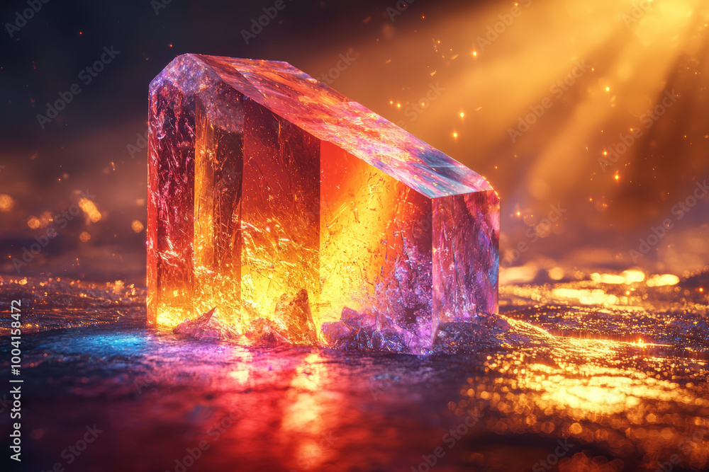 Poster light shining through a crystal, breaking into a spectrum of colors on the surface below. concept of