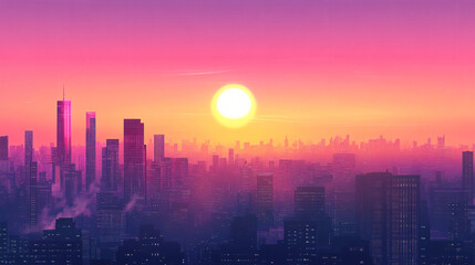 A vibrant city skyline background during sunset, ideal for urban themes.