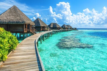 Obraz premium A luxury overwater vacation resort with a wooden walkway leading to thatched-roof huts on the turquoise ocean water, with a Maldives island background.