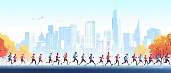 A vibrant cityscape featuring a diverse group of runners jogging against a backdrop of skyscrapers and autumn trees.