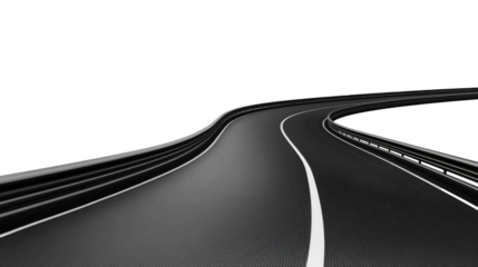 Realistic 3D curved road with sharp turns and perspective depth,isolated on a white background. PNG format