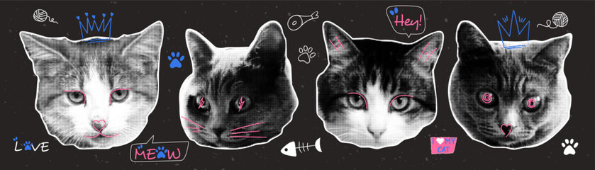 Set of cute cat heads with doodle elements. Retro halftone effect. Y2k collage design. © MandarinkaArt
