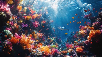 diver explores a vibrant coral reef under crystalclear waters surrounded by colorful fish and a curious shark showcasing the beauty and biodiversity of marine life in an underwater paradise