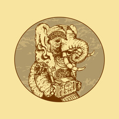Elephant with tattoos, ammunition and a vintage dosimeter. The round image. Imitation of engraving. Diesel punk Sketch. Vector illustration