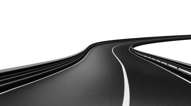 Realistic 3D curved road with sharp turns and perspective depth,isolated on a white background. PNG format